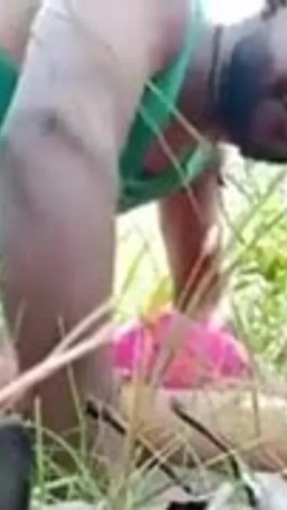 Young couple lovers enjoying sexy outdoor fun in the rice field