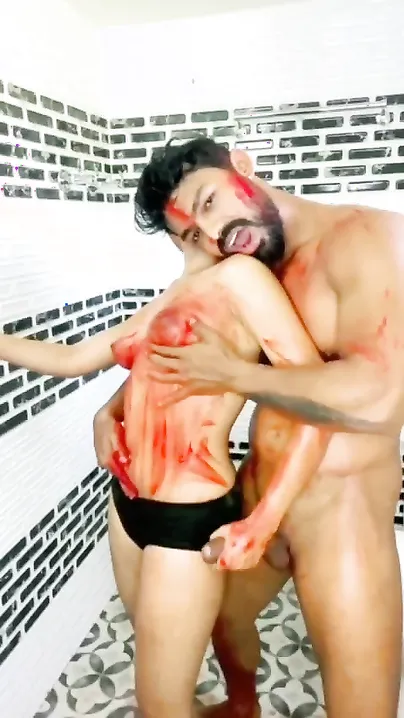 Beautiful Desi girl has body smeared with red paint by her cute XXX BF
