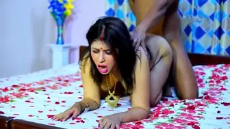 Beautiful hooker with big tits fucks doggy style on the bed