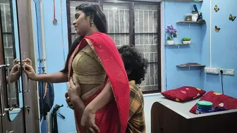 Mallu Girlfriend Wearing Red Saree Romancing And Fucking Him