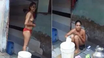 Village GF Bathing Outdoors Exposing Her Naked Body