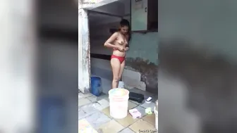 Village GF Bathing Outdoors Exposing Her Naked Body