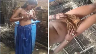 Village Girl Bathing Outdoors While Boyfriend Secretly Films Her