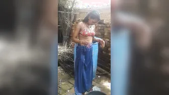 Village Girl Bathing Outdoors While Boyfriend Secretly Films Her