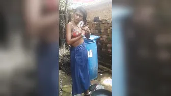 Village Girl Bathing Outdoors While Boyfriend Secretly Films Her