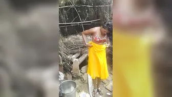 Village Girl Bathing Outdoors While Boyfriend Secretly Films Her