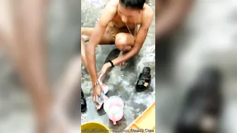 Cute Village Babe Bathing Naked Outdoors By The Water Pump