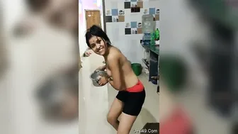 Desi Girl In Tight Shorts Bending Over While Cooking Dinner