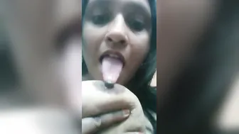 Horny Babe Sucking Her Own Big Tits Playing With Her Nipples