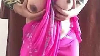 Bhabhi Teasing In Pink Saree Revealing Her Round Boobs Slowly