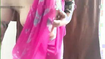 Bhabhi Teasing In Pink Saree Revealing Her Round Boobs Slowly