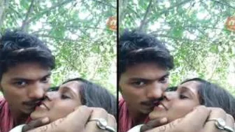 Village Lovers Kissing Outdoors While GF Flashes Her Tits