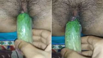My Horny Wife Masturbating Her Pussy With Cucumber On Our Bed