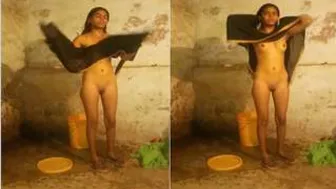 Village GF Bathing Outdoors While Lover Films Everything