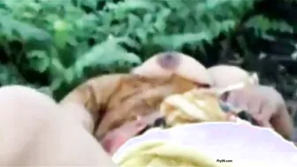 Step Aunty Riding Nephew Outdoors In Fields Away From Village