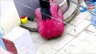 Aunty Bathing Outdoors In Red Nighty Getting All Wet For Me
