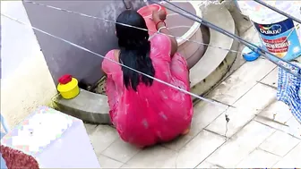 Aunty Bathing Outdoors In Red Nighty Getting All Wet For Me