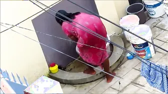 Aunty Bathing Outdoors In Red Nighty Getting All Wet For Me