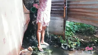 Step Aunty Bathing Outside Shaving Her Pussy Caught On Camera