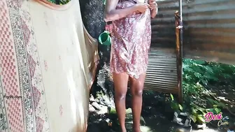 Step Aunty Bathing Outside Shaving Her Pussy Caught On Camera