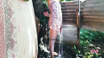 Step Aunty Bathing Outside Shaving Her Pussy Caught On Camera