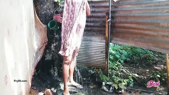 Step Aunty Bathing Outside Shaving Her Pussy Caught On Camera