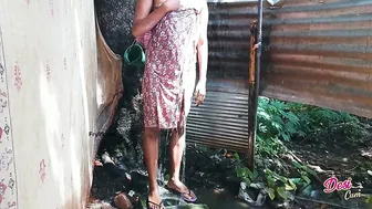 Step Aunty Bathing Outside Shaving Her Pussy Caught On Camera