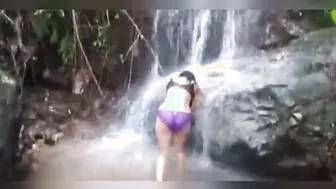 Desi Aunty Bathing Completely Nude Under Waterfall In The Forest