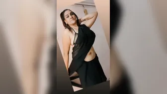 Chubby Nri Aunty Teasing In Black Net Saree Stripping Slowly