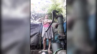 Village GF Bathing Naked Outdoors Selfie Footage