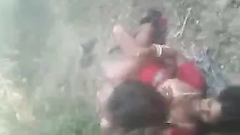 Village Threesome With Two Guys Fucking One Slut Outdoors