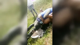 Village Friends Enjoying Outdoor Threesome Behind The Fields