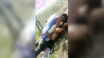 Village Friends Enjoying Outdoor Threesome Behind The Fields