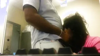 Call Center Girl Sucking Coworker Under Desk During Shift