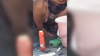 Married Woman Bathing Topless On Rooftop Caught On Neighbor Camera