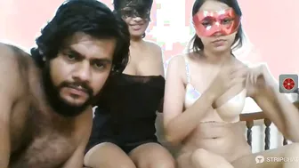 Two GFs Sharing One Guy In Bedroom Threesome Action
