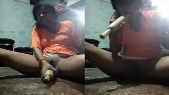 Young Village Girl Pleasuring Herself With Kitchen Rolling Belan