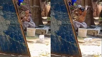 Village Wife Bathing Naked Outdoors Filmed On Hidden Camera