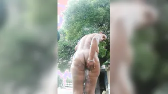 Big Boobed Wife Bathing Nude Outside In Private Backyard