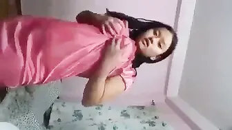 Desi Girl Squeezing Her Natural Tits In Silky Nighty Alone