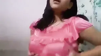 Desi Girl Squeezing Her Natural Tits In Silky Nighty Alone