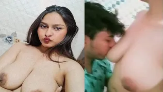 GF Letting Him Suck Her Big Natural Tits In Bedroom