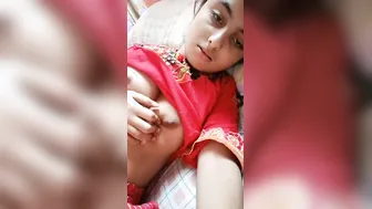 Virgin GF Pressing Her Boobs Getting Horny In Selfie