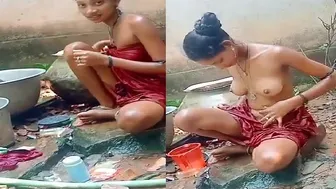 Slim Married Woman Bathing Naked Outside In The Village
