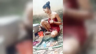 Slim Married Woman Bathing Naked Outside In The Village
