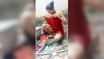 Slim Married Woman Bathing Naked Outside In The Village