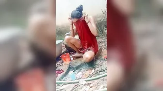 Slim Married Woman Bathing Naked Outside In The Village