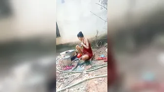 Slim Married Woman Bathing Naked Outside In The Village