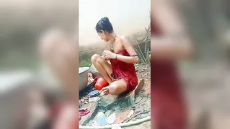 Slim Married Woman Bathing Naked Outside In The Village