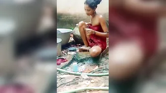 Slim Married Woman Bathing Naked Outside In The Village